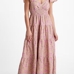 Floral V-Neck Flutter Sleeve Tiered Poplin Maxi Dress Festival Garden Dress
